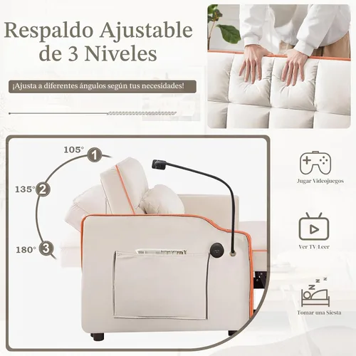 Vista 4 de JEEOEHY - Sofá cama convertible 3 en 1, sofá cama extraíble de terciopelo con puerto USB y tipo C, cómodo futón loveseat con respaldo ajustable