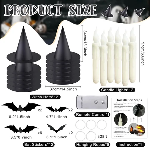 Vista 2 de Sombrero de bruja negro de Halloween con luz flotante iluminada con velas cónicas sin llama (con control remoto común) Murciélagos 3D calcomanías