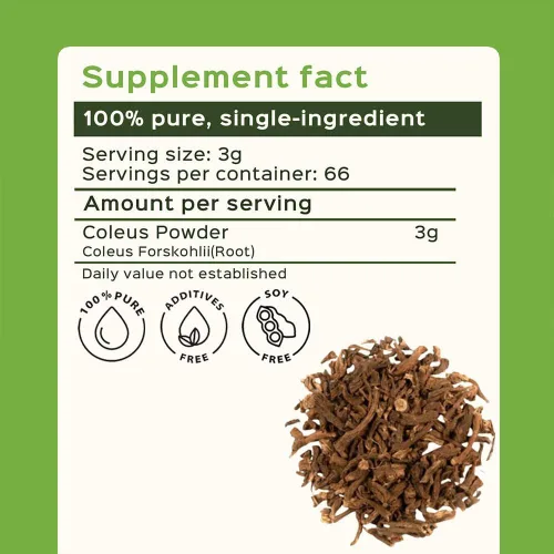 Vista 3 de bixa BOTANICAL Coleus Forskohlii Root Powder Hierba rica en forskolina 7.05 oz / 7 onzas Sin gluten, tratado al vapor, vegano, 100% puro.