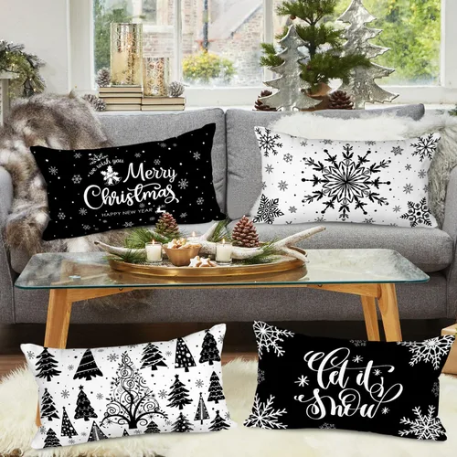 Vista 2 de Lanpn Fundas de Cojín Lumbar Navideñas de 12x20, 4 piezas, Blanco y Negro Feliz Navidad Xmas Invierno Copo de Nieve Fundas de Almohada de Cojín