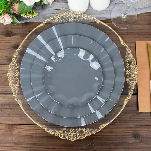 Vista 170 de Tableclothsfactory Paquete de 10 platos redondos de plástico negro de 6 pulgadas para ensalada de postre, platos desechables con borde ondulado