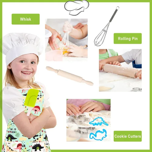 Vista 7 de TEUVO Juego de chef para hornear para niños, 35 piezas con delantal de dinosaurio y manopla, juego de rol, juego de juguetes de cocina para niños