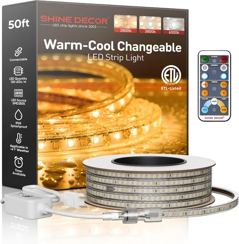 Vista 21 de Shine Decor Tira de luz LED fácil de conectar, 2800 K blanco cálido, resistente al frío, resistente a la intemperie para interiores y exteriores