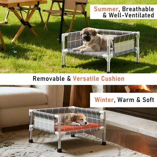 Vista 3 de Cama elevada para perros con valla de tres lados y cojín extraíble, patas antideslizantes, diseño estable, fácil montaje, relajación en interiores