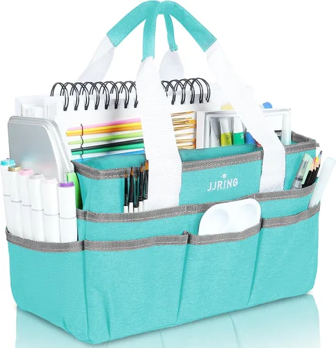 Vista 24 de JJRING Bolsa organizadora de manualidades, organizador de arte con múltiples bolsillos, bolsa de costura beige para arte, manualidades, álbumes