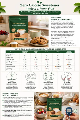 Vista 3 de Allulose Monk Fruit Edulcorante sin eritritol – Sustituto de azúcar granulado sin calorías de 28 onzas – Reemplazo de azúcar 1:1 para hornear, café