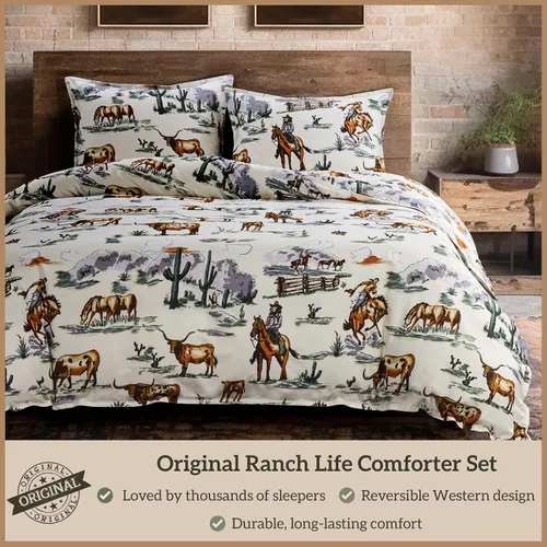 Vista 2 de Paseo Road Ranch Life Western Bedding, Juego de edredón de 2 piezas tamaño Twin de algodón, juego de edredón occidental con estampado de caballo