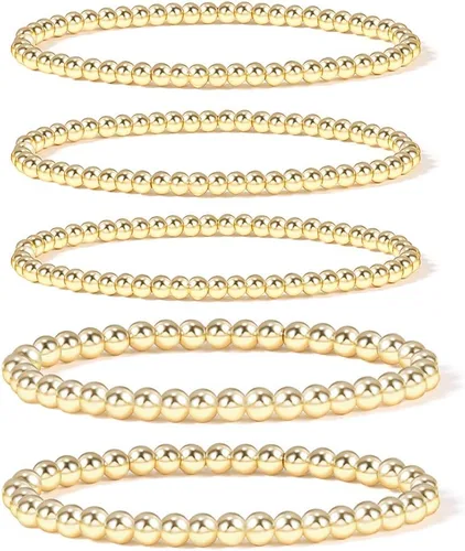 Vista 12 de Pulsera para mujer con cuentas chapadas en oro de 14 quilates, pulsera elástica de cuentas redondas Oro - 2 cubos+1 cuenta