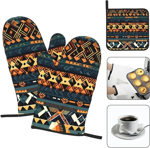 Vista 3 de Juego de guantes de horno y soportes para ollas con textura étnica tribal africana, guantes de cocina y soportes para ollas, juego de 3 piezas