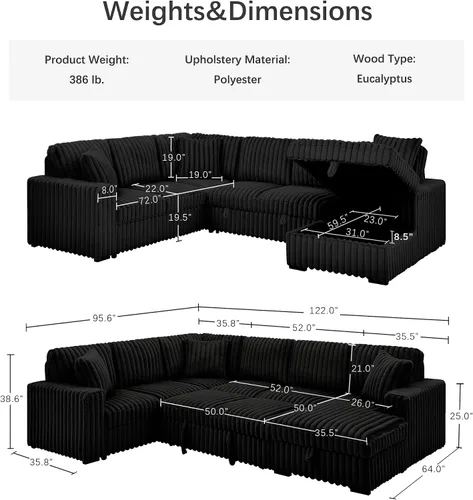 Vista 2 de DEINPPA Sofá cama de 122 pulgadas con cama extraíble, sofá modular de pana peluda gruesa con diván de almacenamiento y puertos de carga, sofás