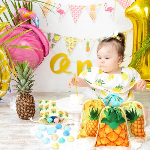 Vista 6 de Sweetude 24 piezas de decoraciones hawaianas de fiesta de 5 x 7 pulgadas, bolsas de regalo de piña Luau para fiesta, pequeñas bolsas de dulces