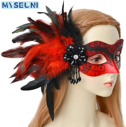 Vista 7 de Máscara roja para parejas, máscaras de máscaras para mujeres con plumas y máscara veneciana para hombre para fiesta de máscaras, Mardi Gras