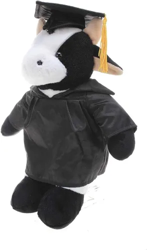 Vista 2 de Plushland Juguetes de peluche de vaca, regalos para el día de graduación, texto personalizado, nombre o logotipo de tu escuela en el vestido, lo