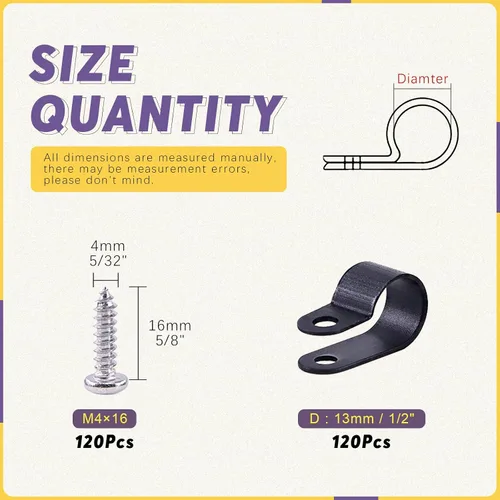 Vista 2 de Swpeet Paquete de 120 clips de cable tipo R de nailon negro de 1/2 pulgada, clips de sujeción de cable de montaje de tornillo de nailon con 120