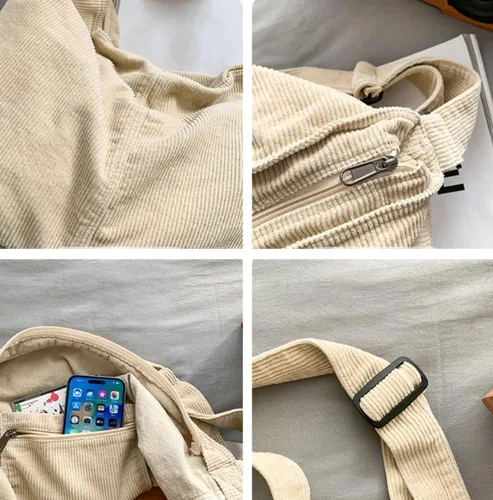 Vista 6 de Bolso de mano de pana para mujeres y hombres, bolso de hombro de pana grande, bolso de mano casual, bolso cruzado de pana suave, bolso de mano