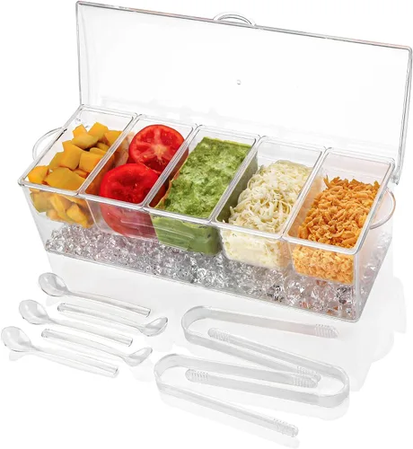 Vista 8 de IVYHOME Bandeja de servir refrigerada de 3 niveles con tapa, bandeja de servir frutas con hielo de 15 pulgadas con 4 compartimentos, plato