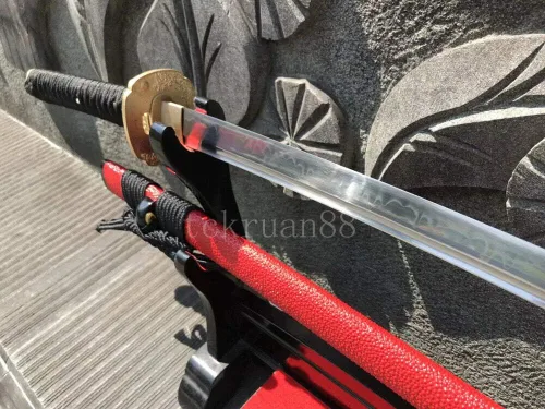 Vista 4 de YL Espada a mano forjada T10 arcilla de acero templada espiga completa japonesa Katana Espada Latón Tsuba