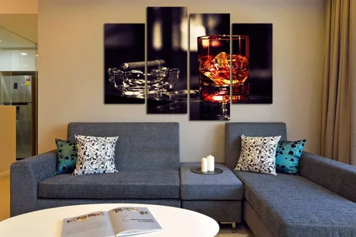 Vista 3 de VVOVV Wall Decor - Whisky marrón en tazas con lienzo de hielo, impresión artística de pared, pintura de vino, cuadros enmarcados, cenicero