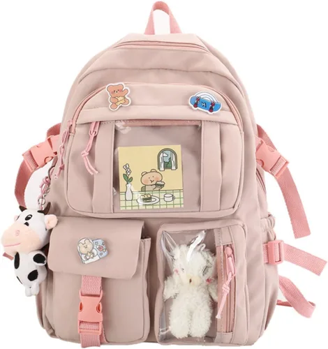 Vista 9 de Mochila Kawaii con lindos accesorios con colgante de pasador de viaje, bolsa grande para portátil al aire libre, impermeable, casual, mochila