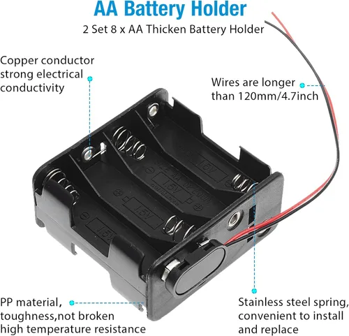 Vista 3 de 2 soportes para 8 pilas AA con clip de batería tipo I cableado y conector a presión estándar