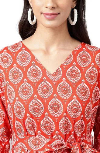 Vista 7 de Janasya Vestido con volantes estampado de motivos étnicos de algodón naranja para mujer india