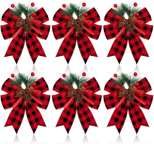 Vista 7 de Syhood - 6 lazos de Navidad a cuadros con piñas de pino, cintas de terciopelo negro, para corona de árbol de Navidad, decoración de fiestas