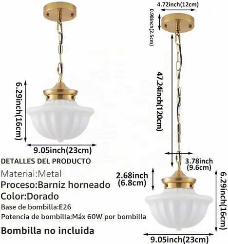 Vista 3 de [Usado] youngrender Accesorios de Lámpara Colgante Estilo Escuela, Lámpara Colgante de Cristal Lechoso Dorado de Latón de 9", Iluminación Colgante
