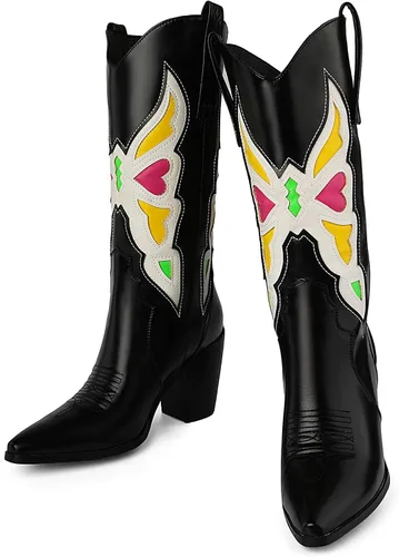 Vista 2 de Botas vaqueras bordadas estilo vaquero para mujer, botas de media pantorrilla, botas de tacón grueso