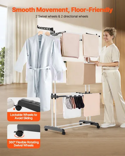 Vista 4 de VEVOR Estante de secado de ropa, estante plegable para secadora de ropa de 4 niveles, estantes de secado de metal con 24 varillas de secado, percha