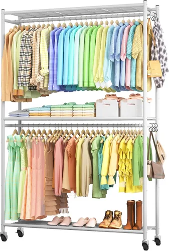 Vista 12 de Sakugi Perchero para ropa – Perchero doble para colgar ropa con ruedas y pies niveladores, armario de gran capacidad con estantes para dormitorio