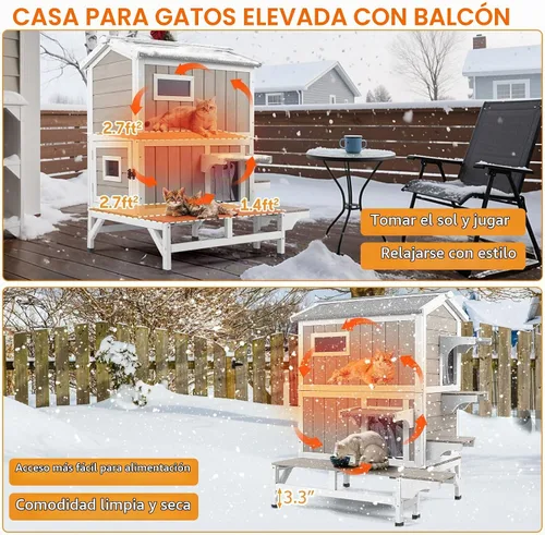 Vista 8 de PetsCosset Casa Aislada para Gatos de Exterior Resistente a la Intemperie con Balcón, Aislamiento Integral, Refugio de Madera para Gatos Ferales