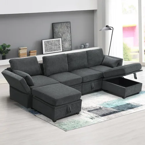 Vista 11 de Moderno sofá cama extraíble de lino con reposacabezas ajustable y carga inalámbrica, sofá esquinero en forma de L de 96 pulgadas, sofá modular