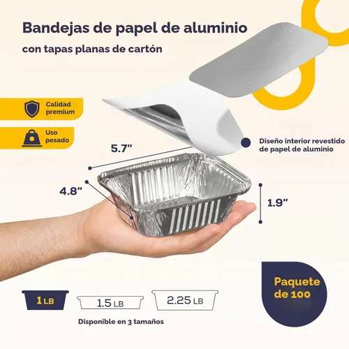 Vista 2 de Fit Meal Prep Paquete de 100 sartenes pequeñas de papel de aluminio de 1 libra con tapas, recipientes desechables para alimentos con tapas