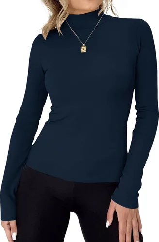 Vista 3 de Rapbin Camiseta de manga larga para mujer, cuello alto, básica, elástica, ajustada, ligera, térmica