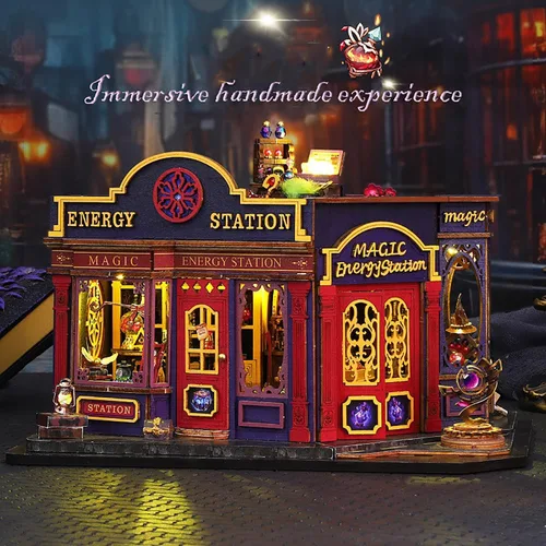 Vista 4 de Kit de rincón de libros de bricolaje, kit de casa de muñecas en miniatura con muebles y luz LED, rompecabezas 3D de madera para libros, kits