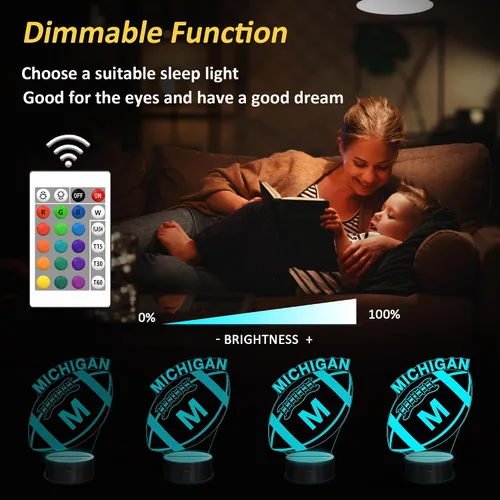 Vista 3 de Luz nocturna de fútbol 3D Michigan, regalos de fútbol, lámpara de ilusión 3D para niños, regalo de 16 colores cambiantes, control remoto