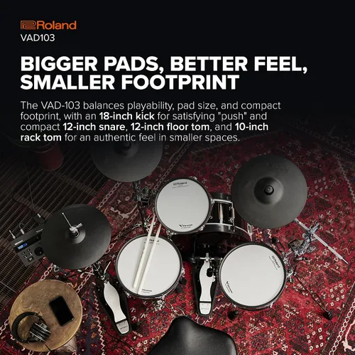 Vista 3 de Roland VAD103 V-Drums Kit de batería de diseño acústico electrónico de 4 piezas con carcasas de poca profundidad Shallow Wood Shells, Double-Ply