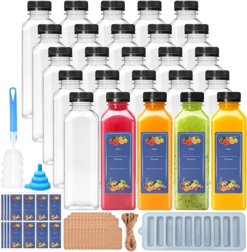 Vista 10 de Flrolove Paquete de 36 botellas de jugo de 4 onzas, botellas de plástico para jugo con tapas, recipientes vacíos transparentes con tapas para jugos