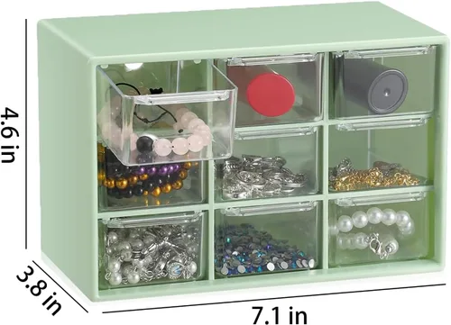 Vista 2 de Organizador de cajones pequeños para escritorio, 7.1 x 3.8 x 4.6 pulgadas, mini organizador de cajones de escritorio con 9 cajones transparentes