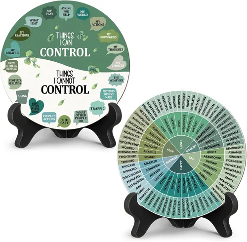 Vista 8 de 2 piezas de decoración para escritorio de oficina de terapia de rueda de sentimientos, cosas que puedo controlar, gráfico doble cara de emociones