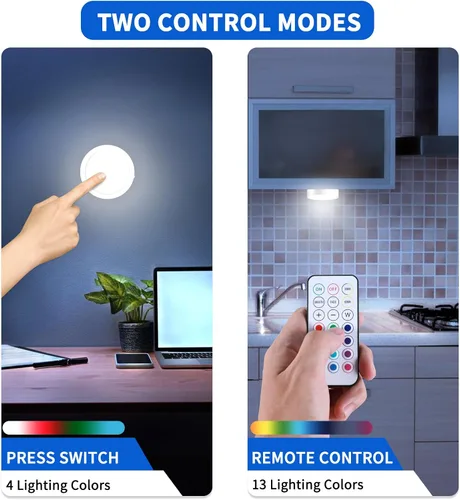 Vista 3 de Luces LED de disco de control remoto, paquete de 4 luces LED recargables debajo de la encimera con control remoto funcional, lámpara inalámbrica
