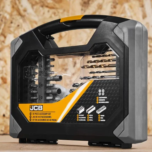 Vista 4 de JCB Tools - Juego de taladro y puntas de destornillador de 40 piezas Metal, mampostería, brocas de madera, puntas de destornillador y enchufes