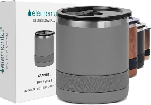 Vista 25 de Elemental Recess Vaso bajo de 10 oz, taza de acero inoxidable de triple pared con tapa de Tritan no fracturable, vaso de whisky aislado, taza