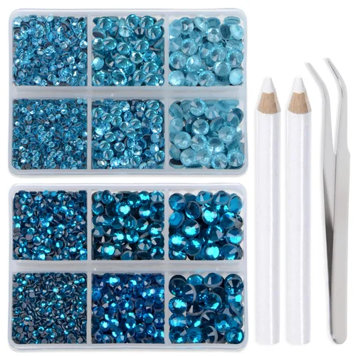 Vista 30 de LPBeads 6400 unidades de diamantes termoadhesivos de 12 colores con parte trasera plana, 5 tamaños mixtos, gemas de cristal redondas con pinzas