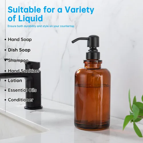 Vista 7 de Amber Glass Soap Dispenser,17oz, Black Pump Refillable, 304 Stainless Steel Pump, Liquid Hand Soap Dispenser, Bathroom Kitchen Sink Vanity