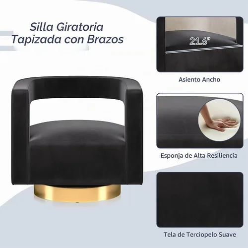 Vista 5 de BELLEZE Silla de Acento Giratoria Tipo Barril, Silla Redonda Moderna Tapizada con Brazos Cómoda de Terciopelo con Respaldo Curvado con Base Dorada