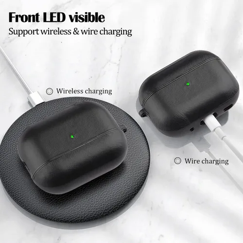 Vista 4 de V-MORO Compatible con Airpods Pro 2 Funda de Cuero Genuino AirPod Pro 2ª Generación Hombres [LED Frontal Visible] Fundas Protectoras de Cuero Negro