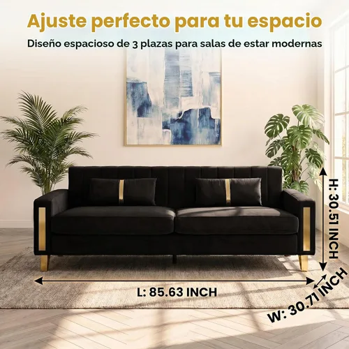 Vista 2 de Juego de sofá de 85 pulgadas, sofá de terciopelo con 2 almohadas y patas doradas, marco resistente de 750 libras, sofá moderno para dormitorio Negro