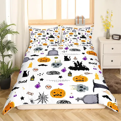 Vista 8 de Feelyou Funda de edredón de Halloween, tamaño individual, con 1 funda de almohada, decoración de Halloween, juego de ropa de cama con estampado