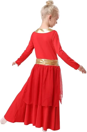 Vista 5 de REXREII - Traje de baile con cintura metálica de manga larga litúrgica para niñas
